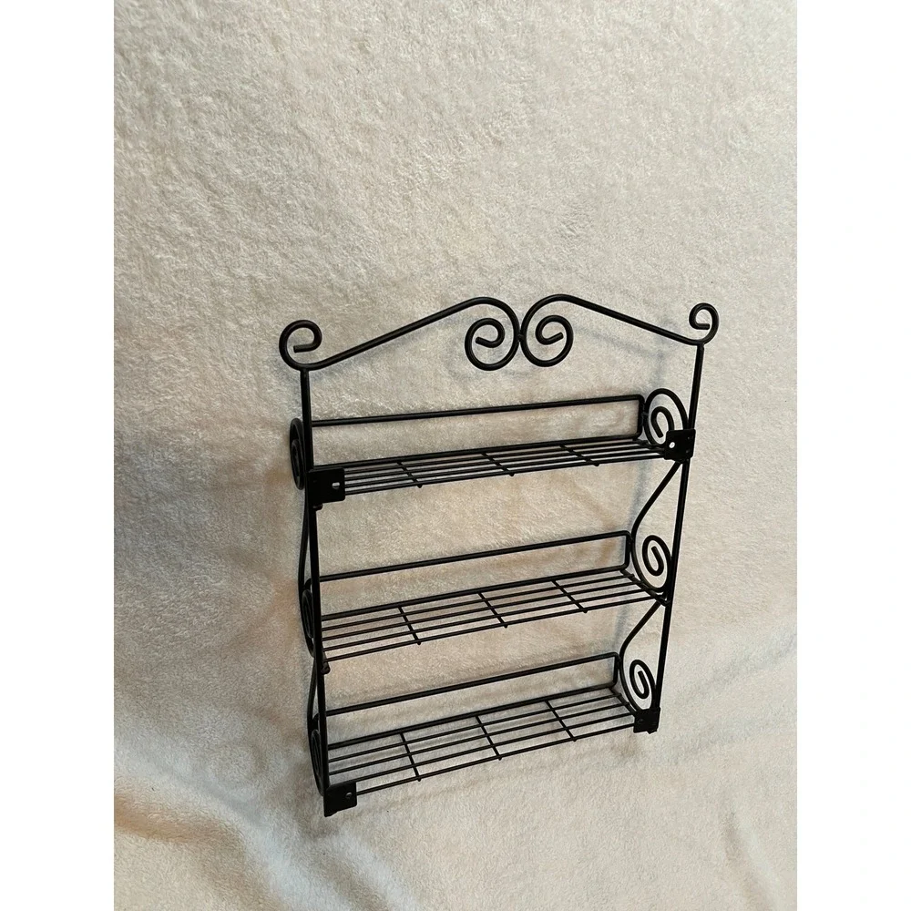 Black Metal Scrollwork Wall Mount Spice Rack 3 Tier Kitchen Organizer 15x12x3